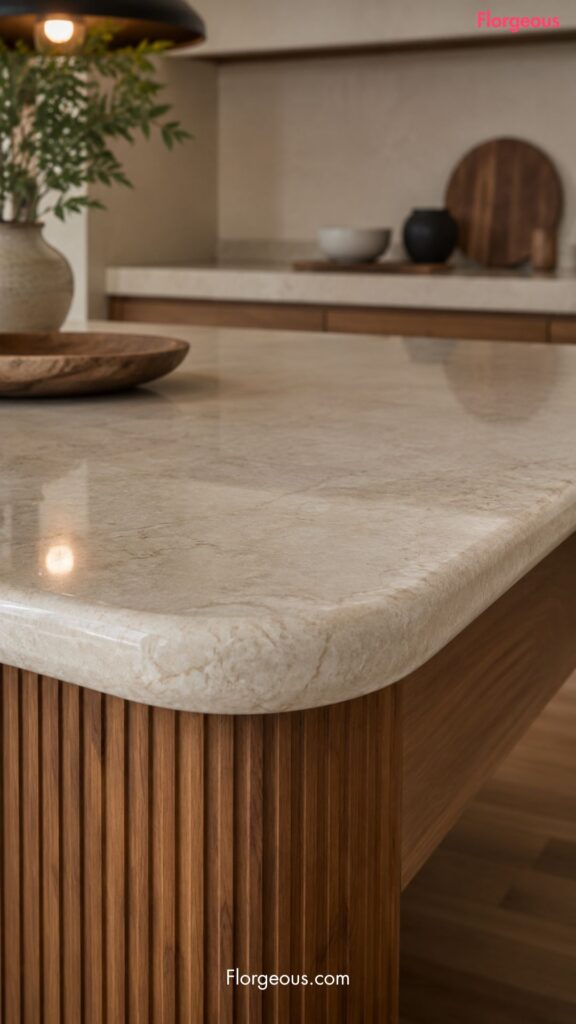 Close-up of rounded stone island edge and wood kitchen details
