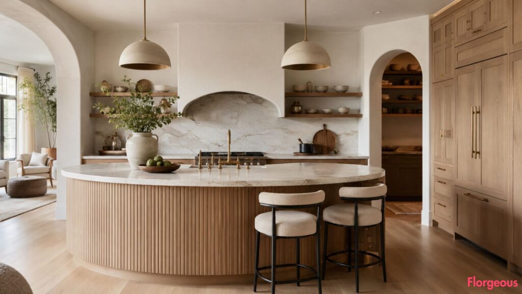 Soft modern kitchen with rounded island and arched range hood