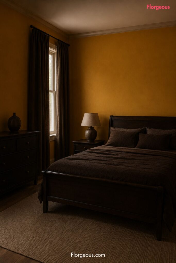 Dark room with heavy ochre yellow walls and minimal contrast