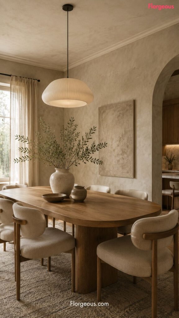 Dining room with Venetian plaster walls, sculptural table, and warm pendant lighting