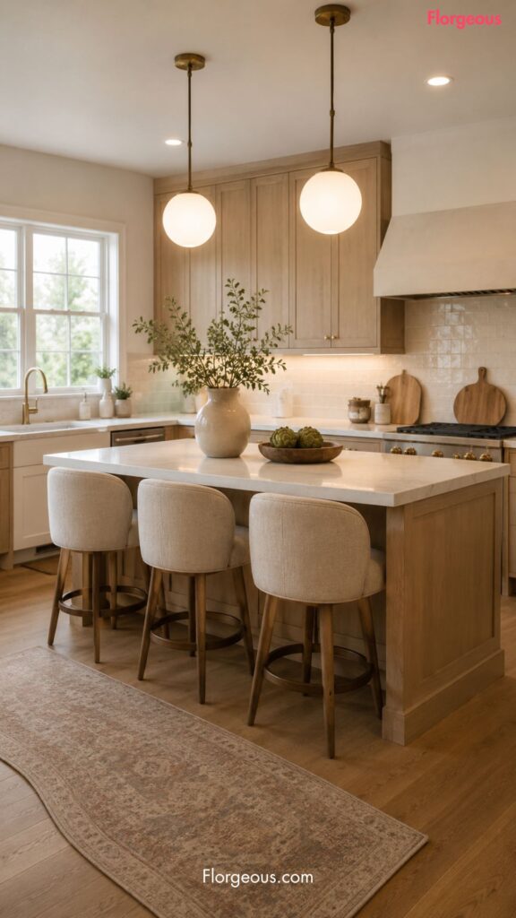 Kitchen with rounded stools and globe pendant lights