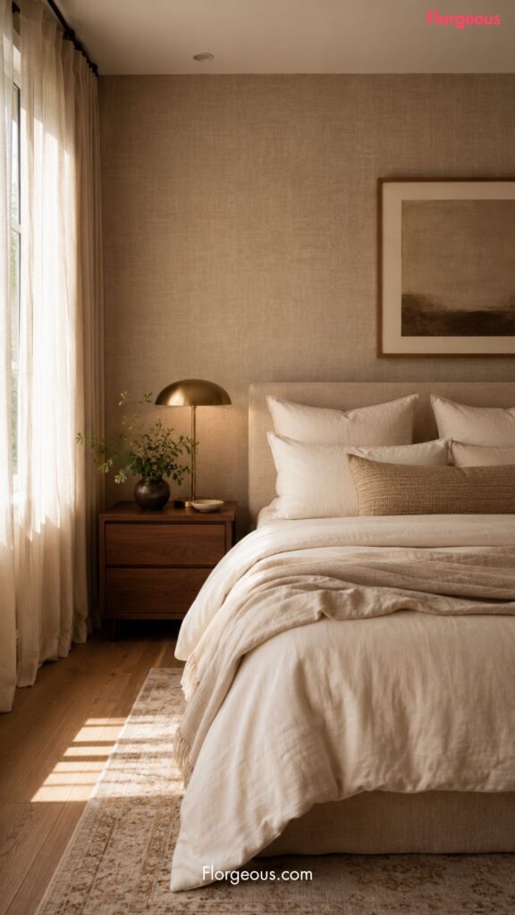 Calm bedroom with linen wallpaper, ivory bedding, wood nightstands, and soft lighting