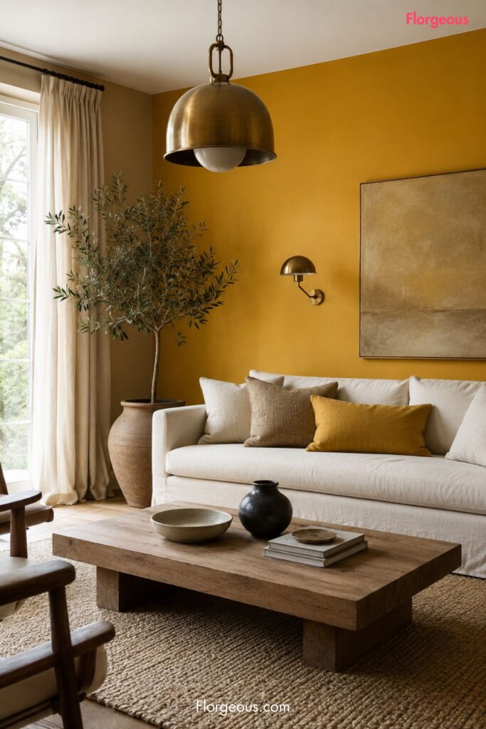 Living room with ochre yellow wall and warm neutral furniture
