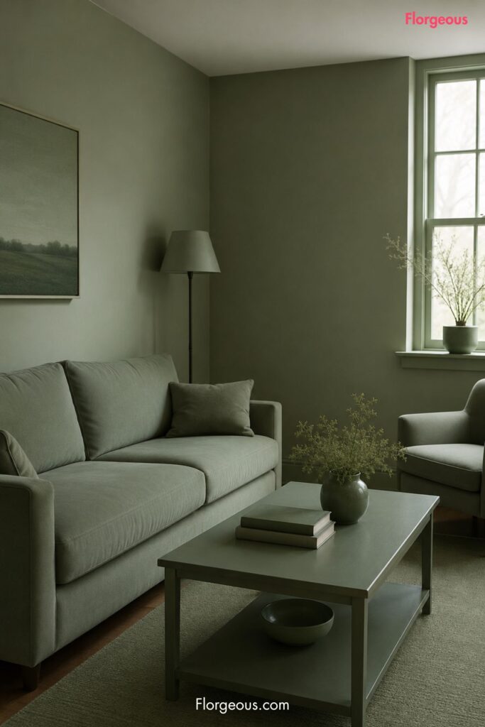 Low-contrast sage green room with matching decor and too few warm neutral accents