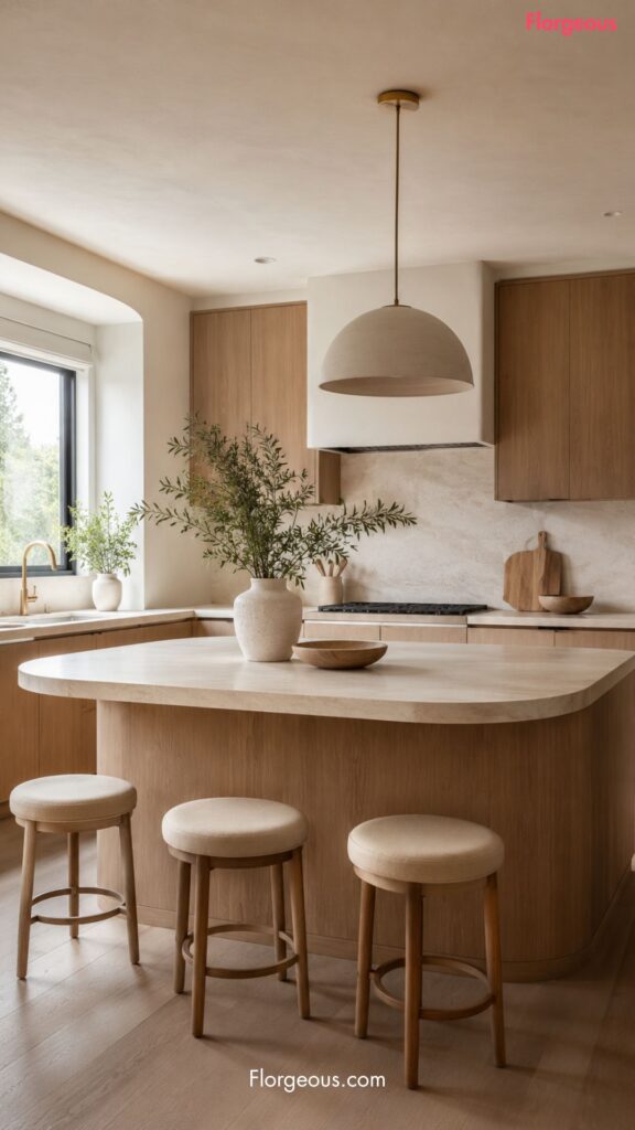 Modern kitchen with rounded island and warm wood cabinetry