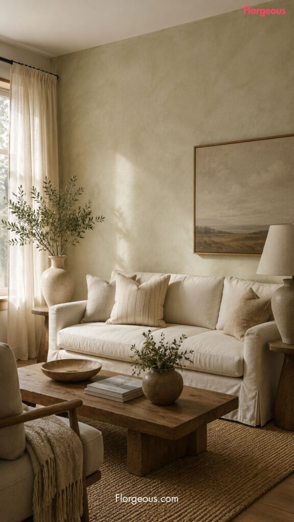 Neutral living room with limewash walls, linen curtains, and warm wood furniture