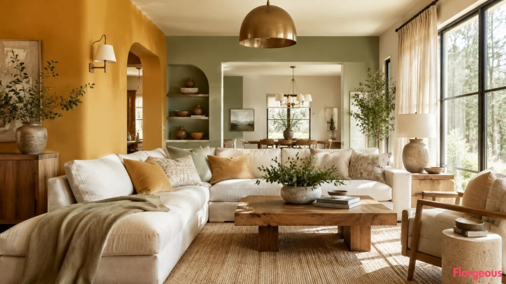 Warm living room with ochre yellow wall and softer resale-friendly color accents