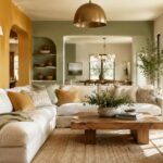 Warm living room with ochre yellow wall and softer resale-friendly color accents