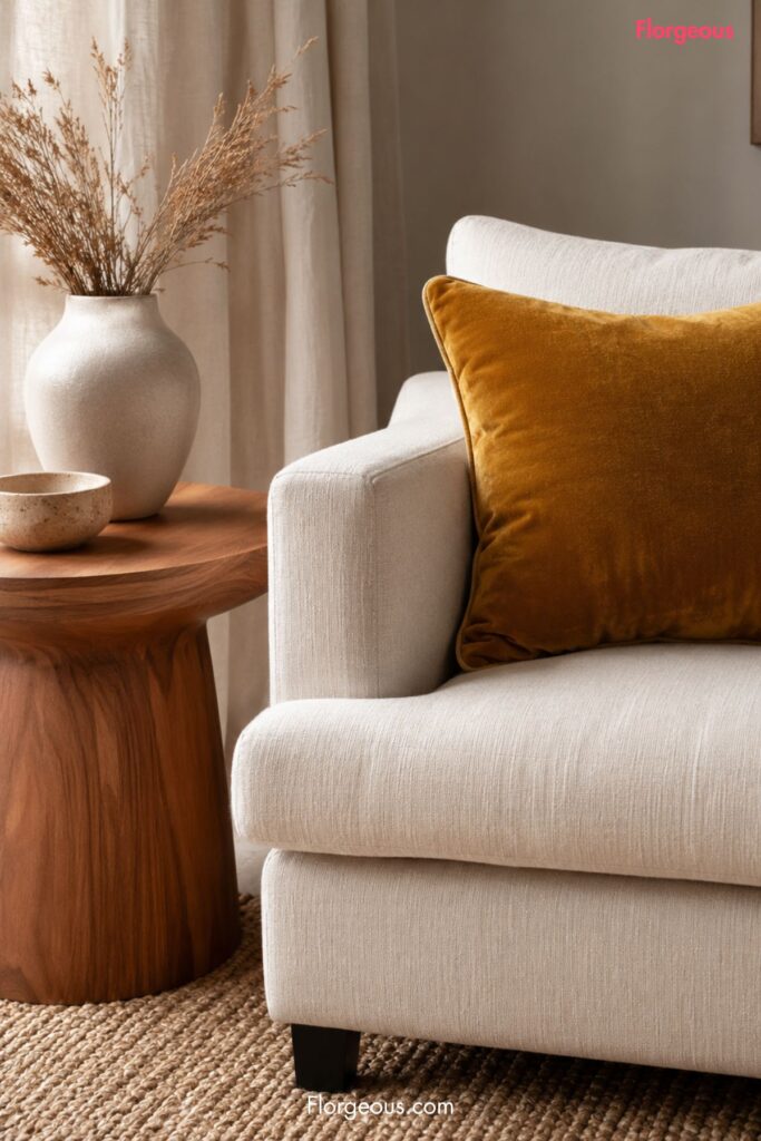 Ochre yellow works beautifully in small accents when surrounded by cream, wood, stone, and linen.