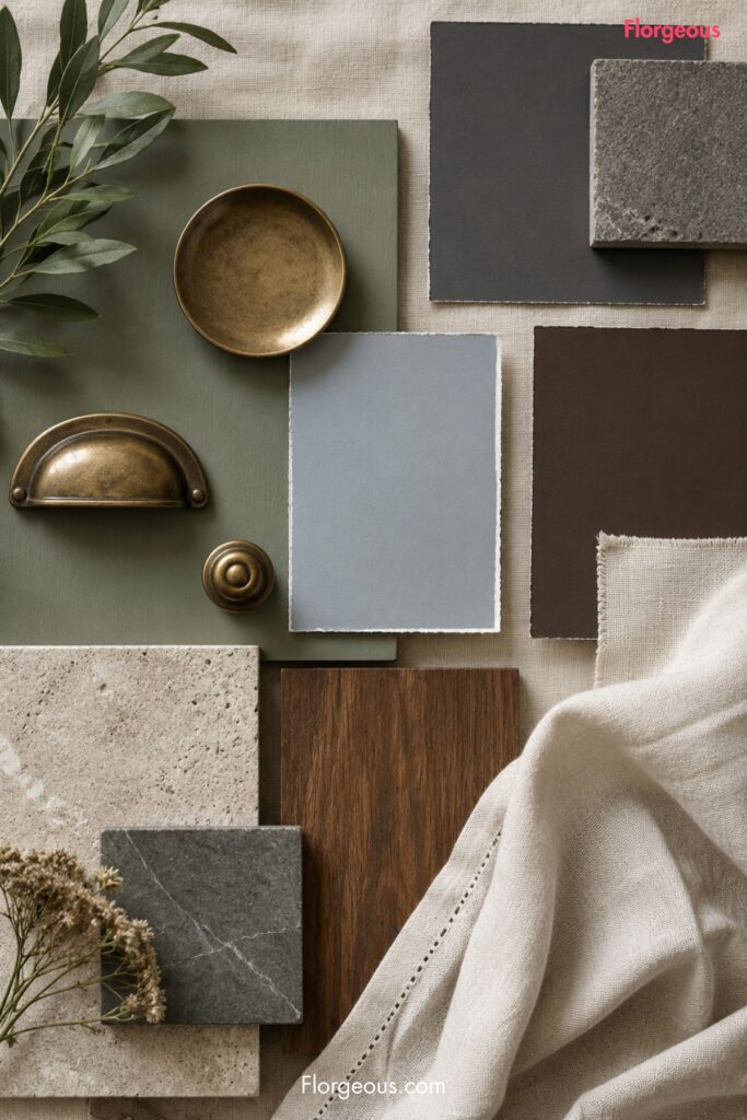 Paint color palette with sage green, pale blue, charcoal gray, and chocolate brown