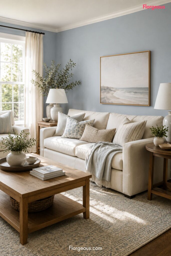 Pale blue living room with oatmeal sofa, warm wood tables, white trim, and neutral artwork