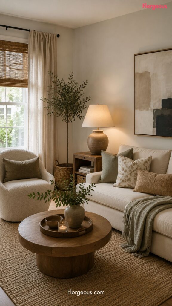 Rental-friendly living room with textured textiles, woven shades, clay lamps, and natural rug