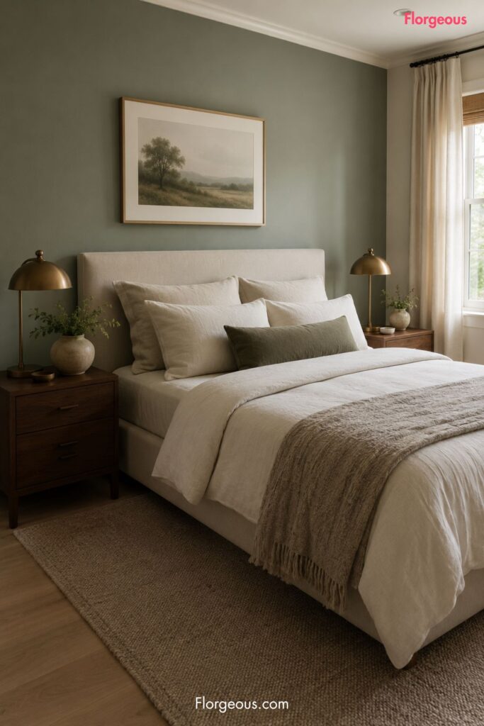 Sage green bedroom with ivory bedding, walnut nightstands, brass lamps, and linen curtains