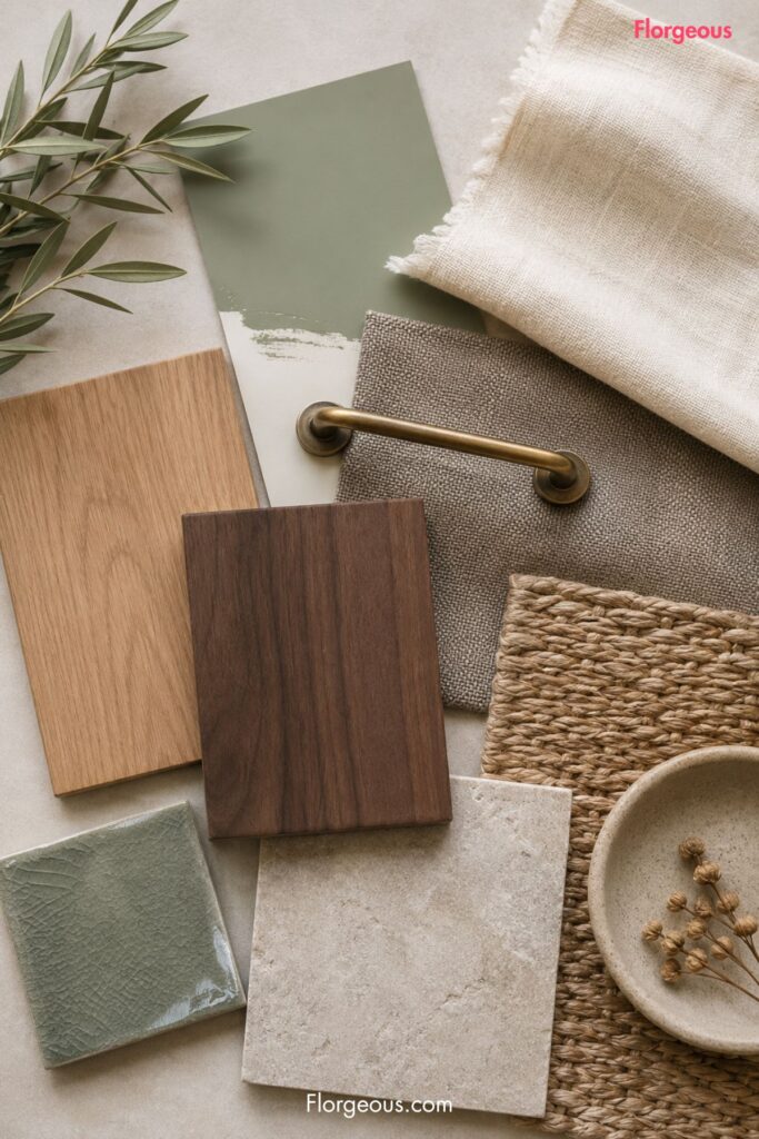 Sage green decor palette with cream fabric, taupe sample, wood, stone, linen, and brass hardware