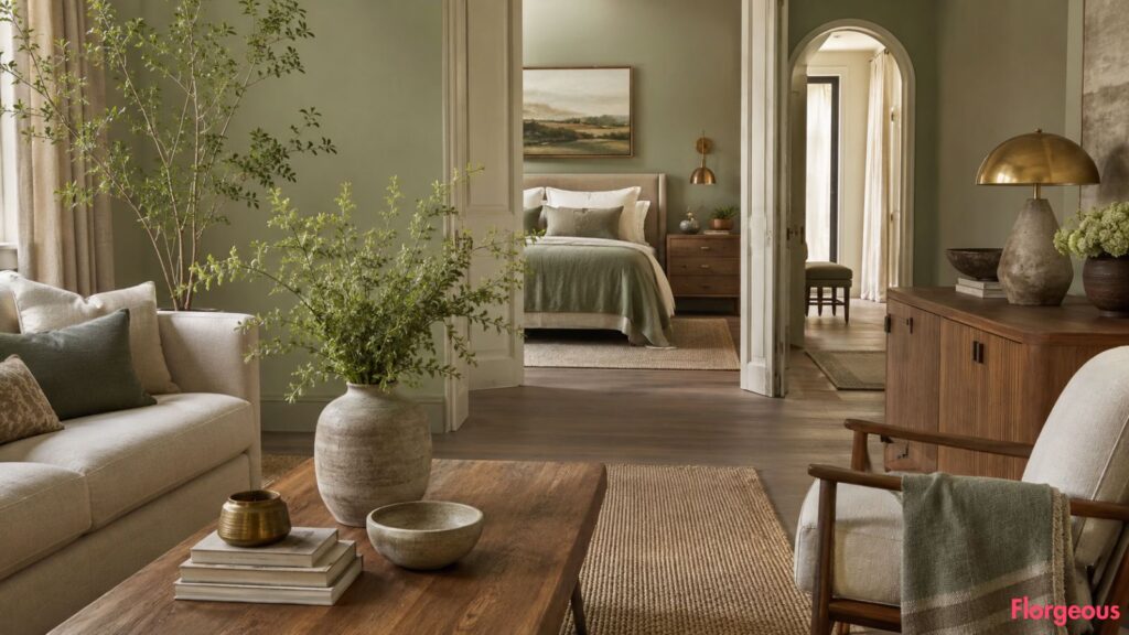 Sage green living room with cream sofa, warm wood furniture, linen curtains, and natural textures