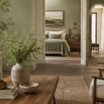 Sage green living room with cream sofa, warm wood furniture, linen curtains, and natural textures