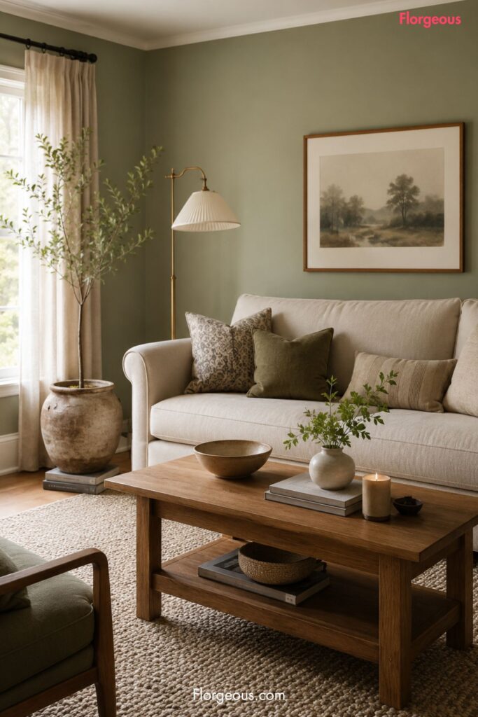 Sage green living room with cream sofa, oak table, linen curtains, and textured neutral rug