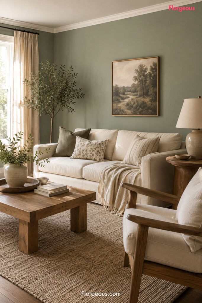 Sage green living room with cream sofa and warm wood furniture