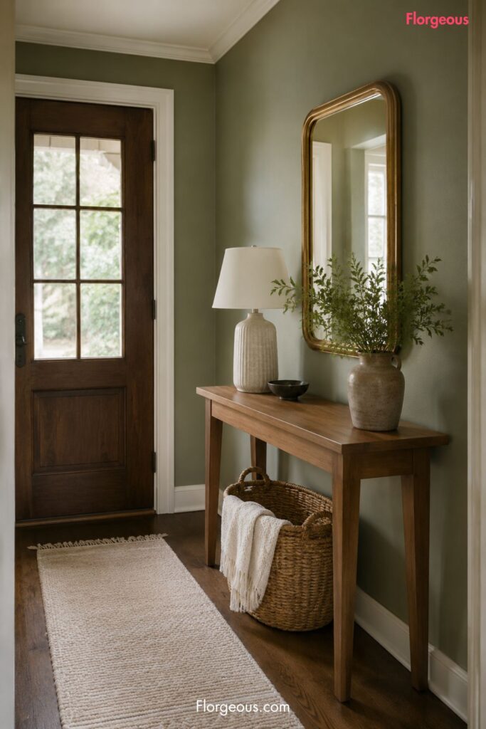 Small sage green entryway with wood console, brass mirror, woven basket, and cream runner