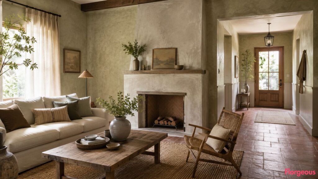 Warm living room with limewash walls, plaster fireplace, woven textures, and terracotta flooring