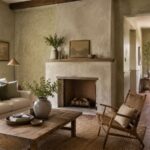 Warm living room with limewash walls, plaster fireplace, woven textures, and terracotta flooring