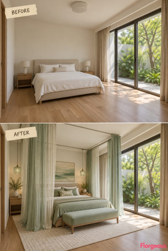 Create a Sea-Glass Green Bedroom With a Translucent Curtain Pavilion